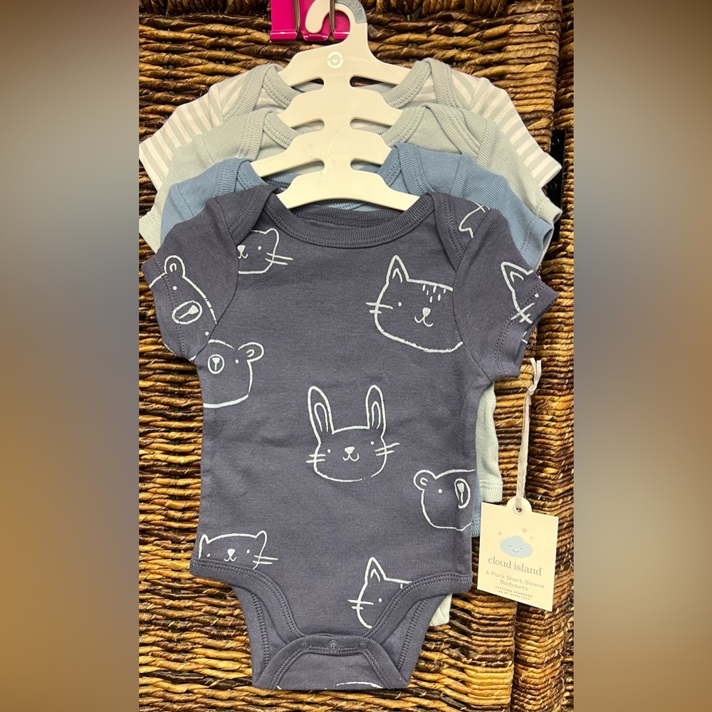 Cloud Island Blue Animal Print Baby Bodysuit-Set of 4,‎ New on hanger, Size: 0-3